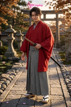 Trang Phục Samurai Áo Đỏ Quần Đen Sọc Trắng Có Kèm Khoác - HÀNG SHOP MAY