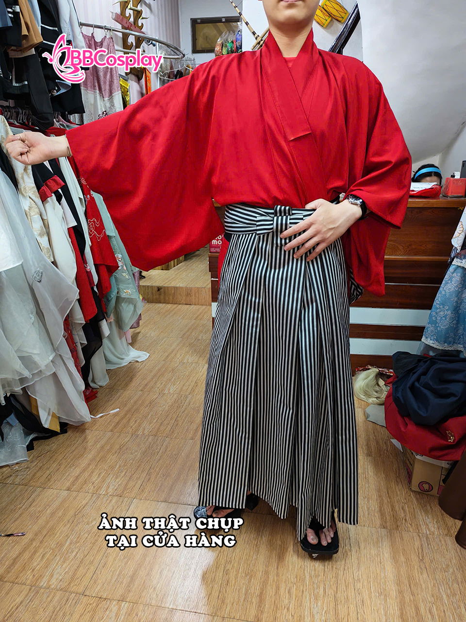 Trang Phục Samurai Áo Đỏ Quần Đen Sọc Trắng - HÀNG SHOP MAY