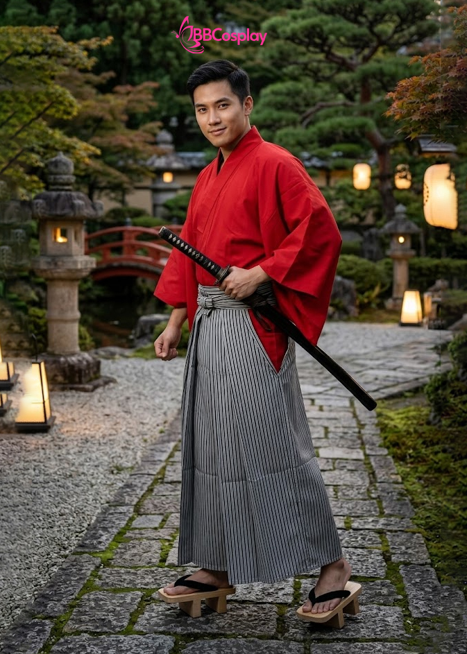 Trang Phục Samurai Áo Đỏ Quần Đen Sọc Trắng - HÀNG SHOP MAY