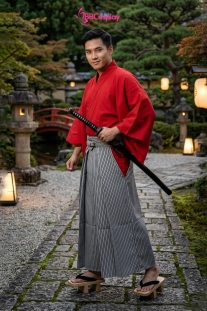 Trang Phục Samurai Áo Đỏ Quần Đen Sọc Trắng - HÀNG SHOP MAY