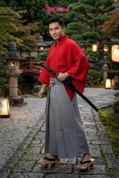 Trang Phục Samurai Áo Đỏ Quần Đen Sọc Trắng - HÀNG SHOP MAY