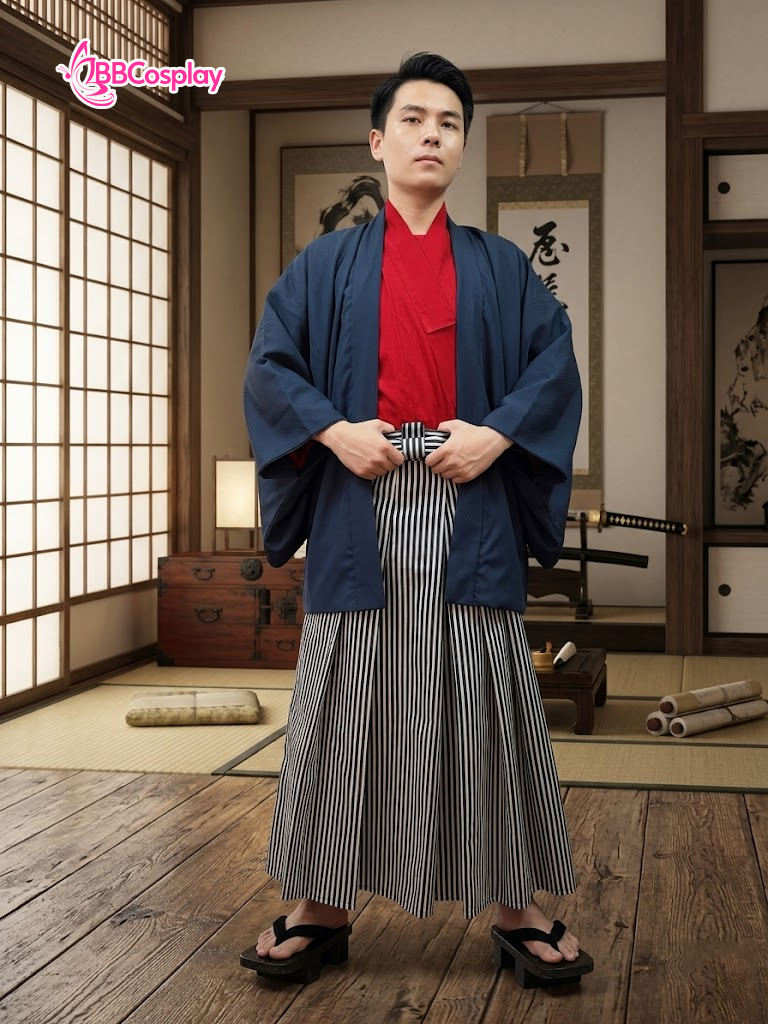 Trang Phục Samurai Áo Đỏ Quần Đen Sọc Trắng Có Kèm Khoác Xanh Đen - HÀNG SHOP MAY