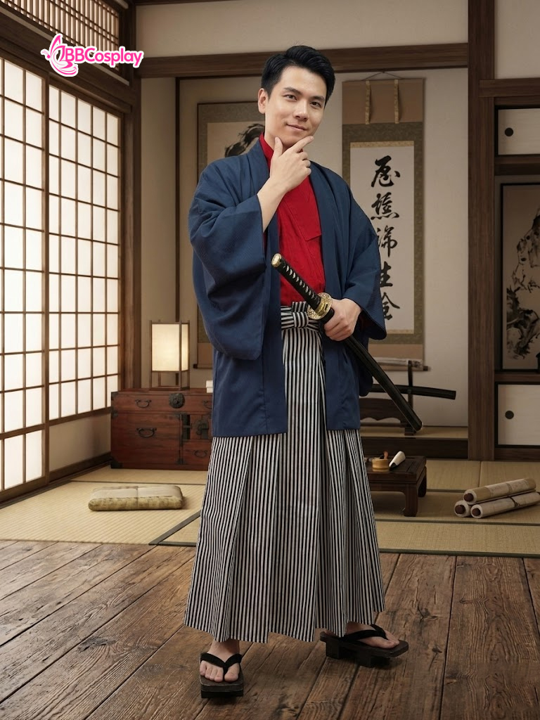 Trang Phục Samurai Áo Đỏ Quần Đen Sọc Trắng Có Kèm Khoác Xanh Đen - HÀNG SHOP MAY