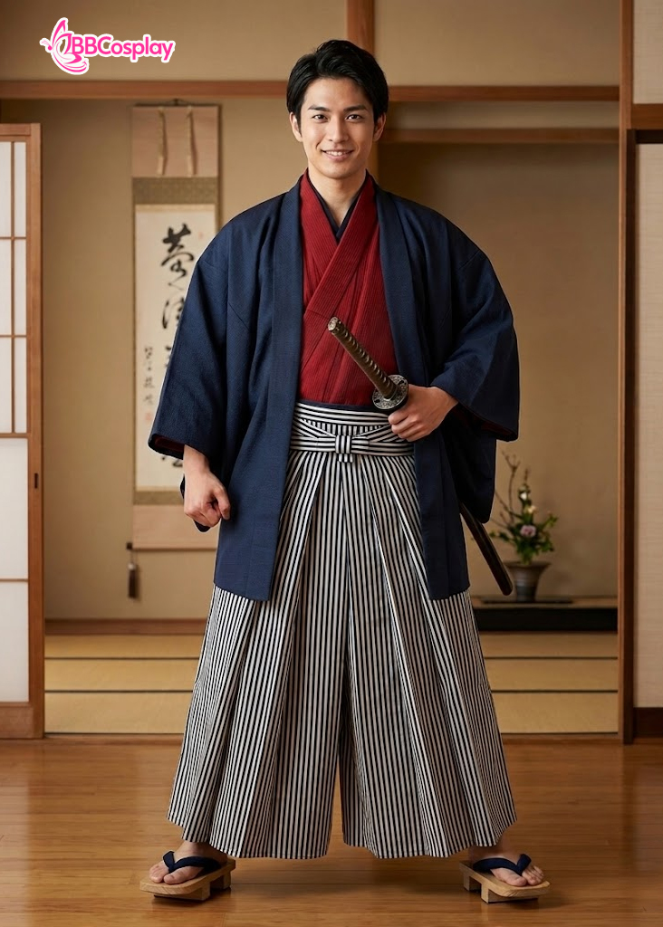 Trang Phục Samurai Áo Đỏ Quần Đen Sọc Trắng Có Kèm Khoác Xanh Đen - HÀNG SHOP MAY