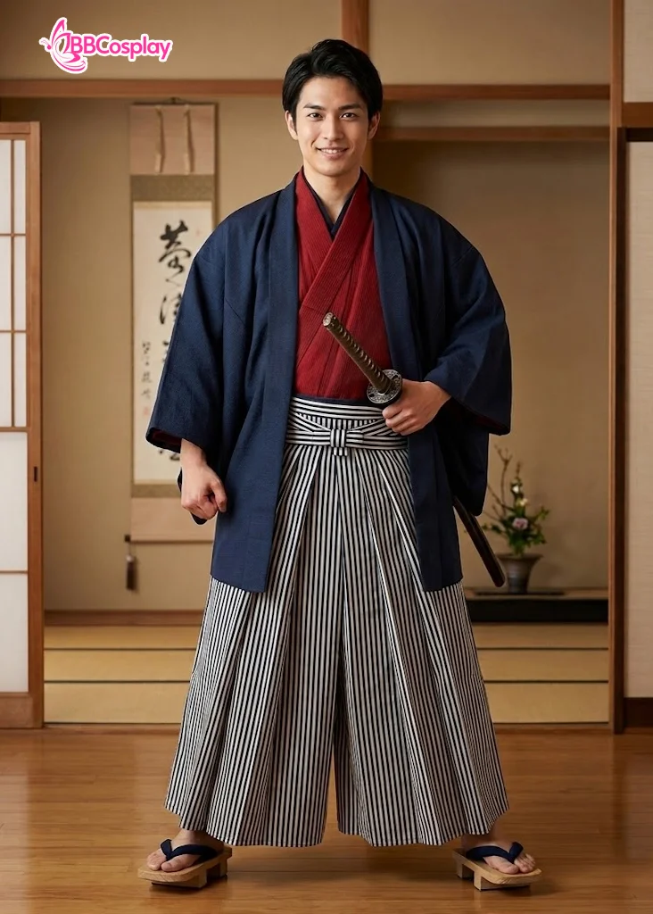 Trang Phục Samurai Áo Đỏ Quần Đen Sọc Trắng Có Kèm Khoác Xanh Đen - HÀNG SHOP MAY