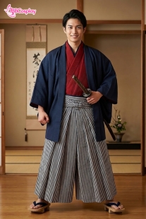 Trang Phục Samurai Áo Đỏ Quần Đen Sọc Trắng Có Kèm Khoác Xanh Đen - HÀNG SHOP MAY