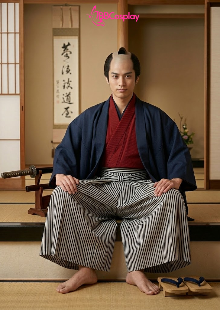 Trang Phục Samurai Áo Đỏ Quần Đen Sọc Trắng Có Kèm Khoác Xanh Đen - HÀNG SHOP MAY