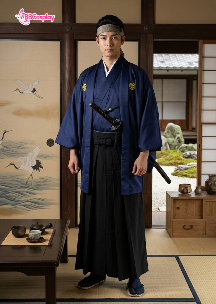 Trang Phục Samurai Áo Xanh Dương Hakama Đen Có Kèm Khoác Xanh Thêu Logo Hạc - HÀNG SHOP MAY