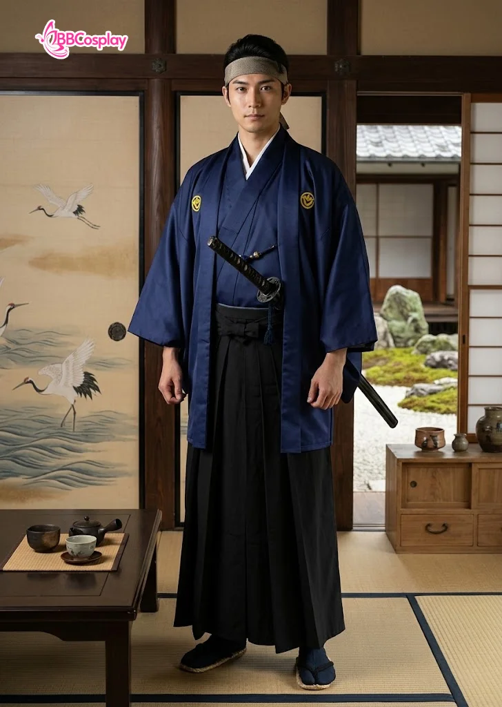 Trang Phục Samurai Áo Xanh Dương Hakama Đen Có Kèm Khoác Xanh Thêu Logo Hạc - HÀNG SHOP MAY