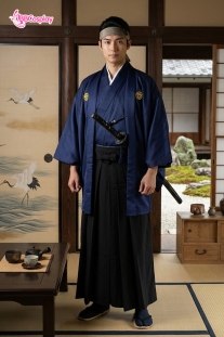 Trang Phục Samurai Áo Xanh Dương Hakama Đen Có Kèm Khoác Xanh Thêu Logo Hạc - HÀNG SHOP MAY