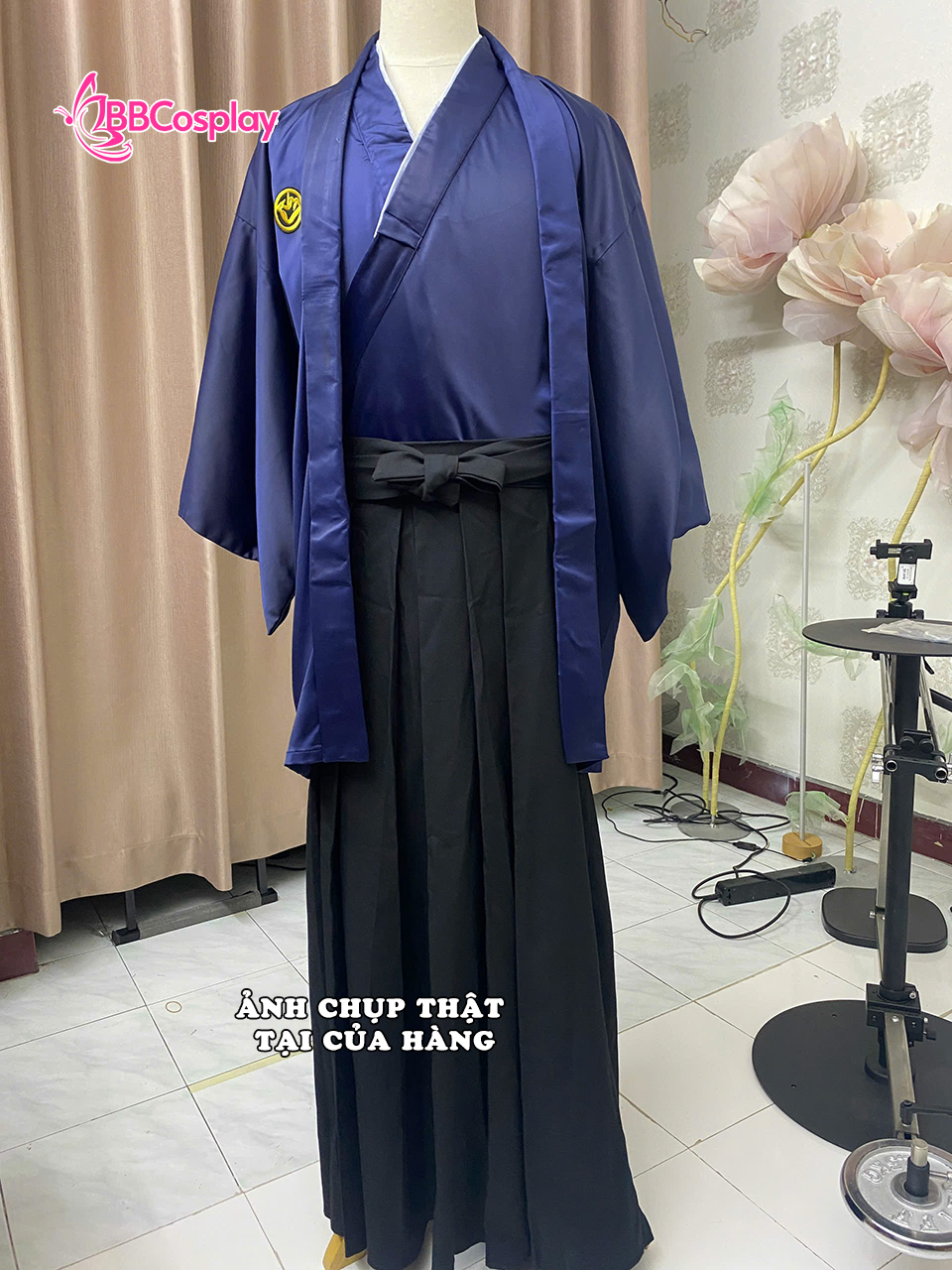 Trang Phục Samurai Áo Xanh Dương Hakama Đen Có Kèm Khoác Xanh Thêu Logo Hạc - HÀNG SHOP MAY