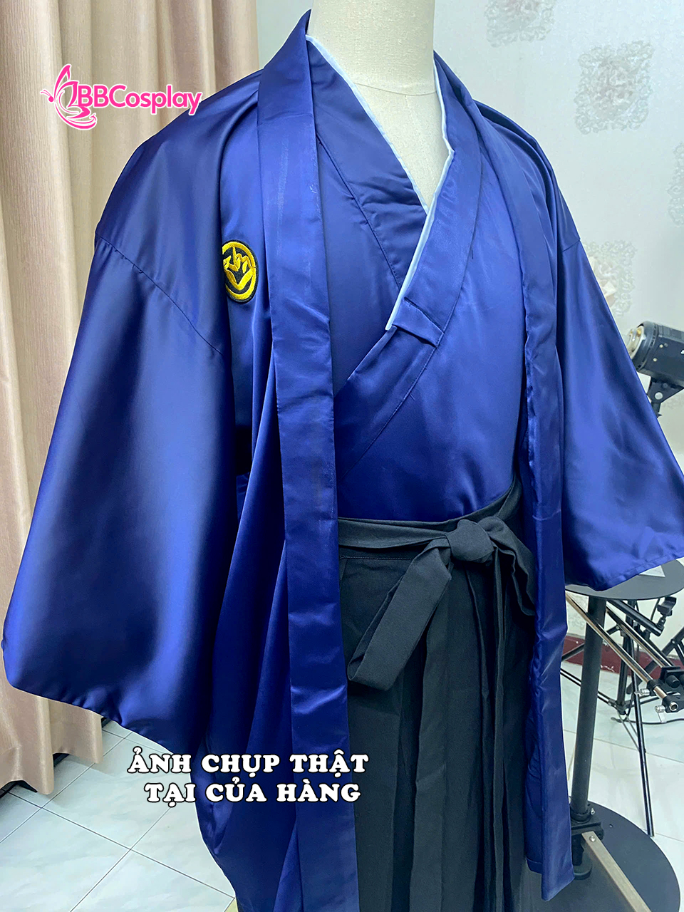 Trang Phục Samurai Áo Xanh Dương Hakama Đen Có Kèm Khoác Xanh Thêu Logo Hạc - HÀNG SHOP MAY