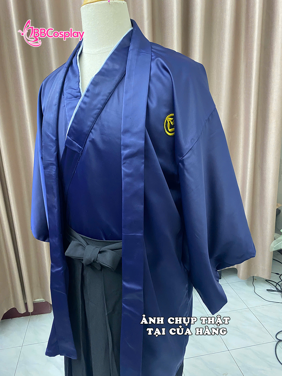 Trang Phục Samurai Áo Xanh Dương Hakama Đen Có Kèm Khoác Xanh Thêu Logo Hạc - HÀNG SHOP MAY