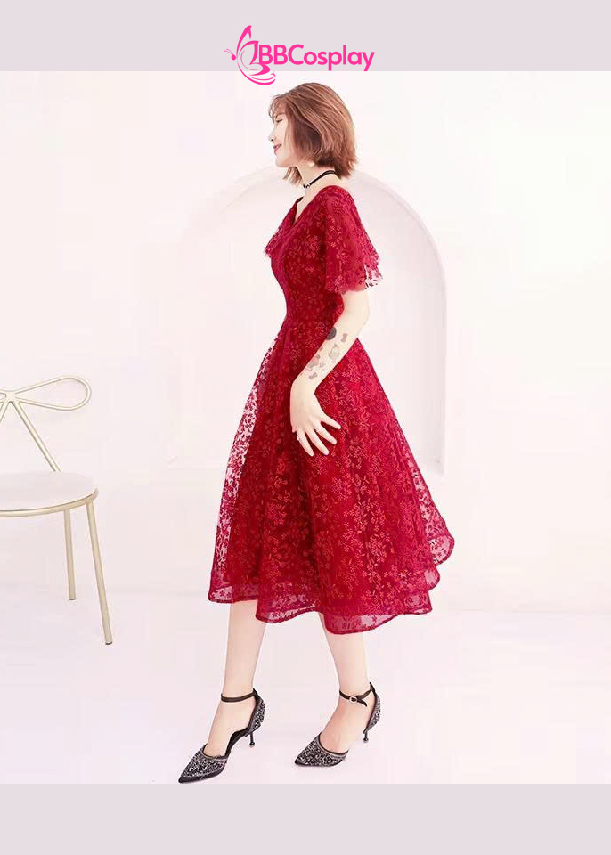 Đầm Dạ Hội Màu Đỏ Ren Hoa Dây Leo