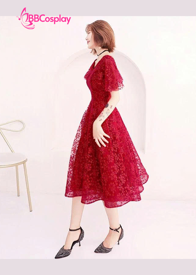 Đầm Dạ Hội Màu Đỏ Ren Hoa Dây Leo