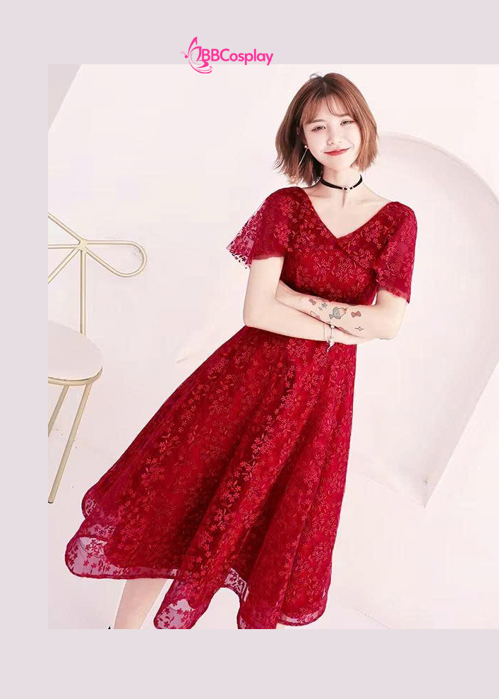 Đầm Dạ Hội Màu Đỏ Ren Hoa Dây Leo