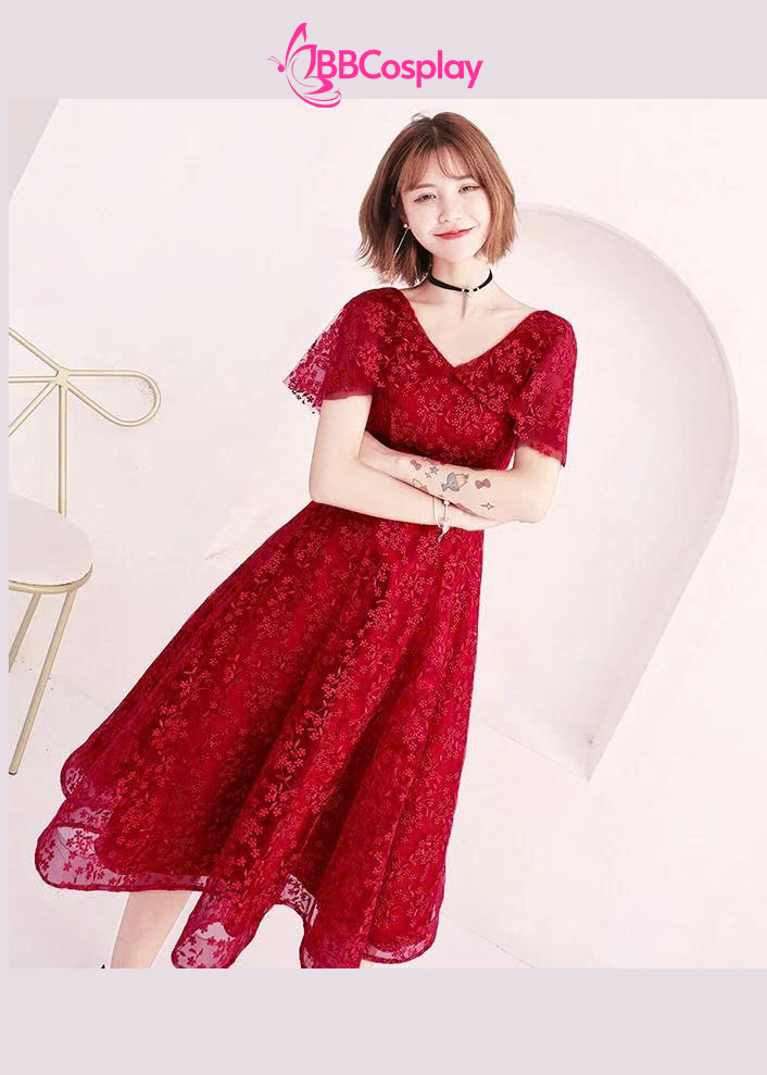 Đầm Dạ Hội Màu Đỏ Ren Hoa Dây Leo
