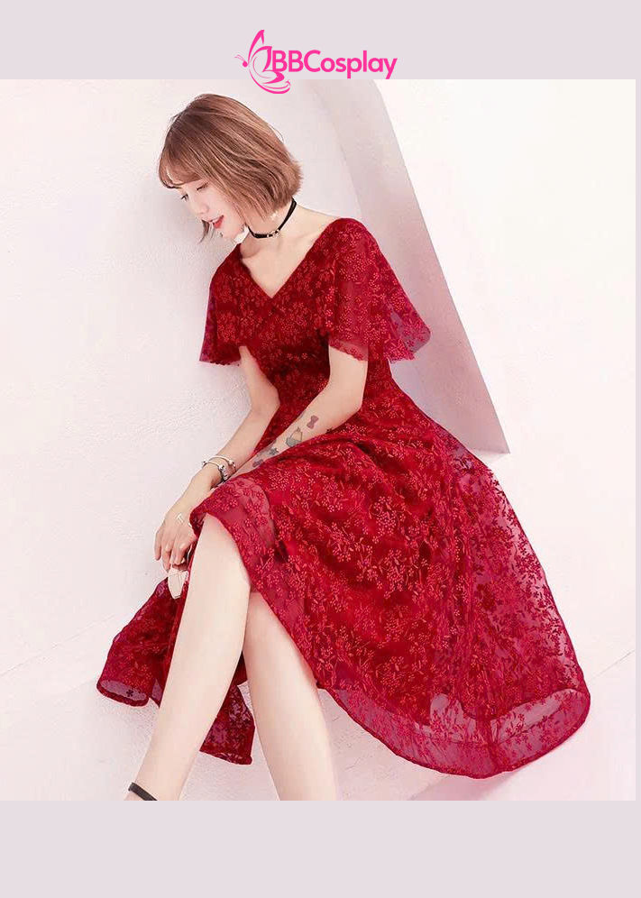 Đầm Dạ Hội Màu Đỏ Ren Hoa Dây Leo