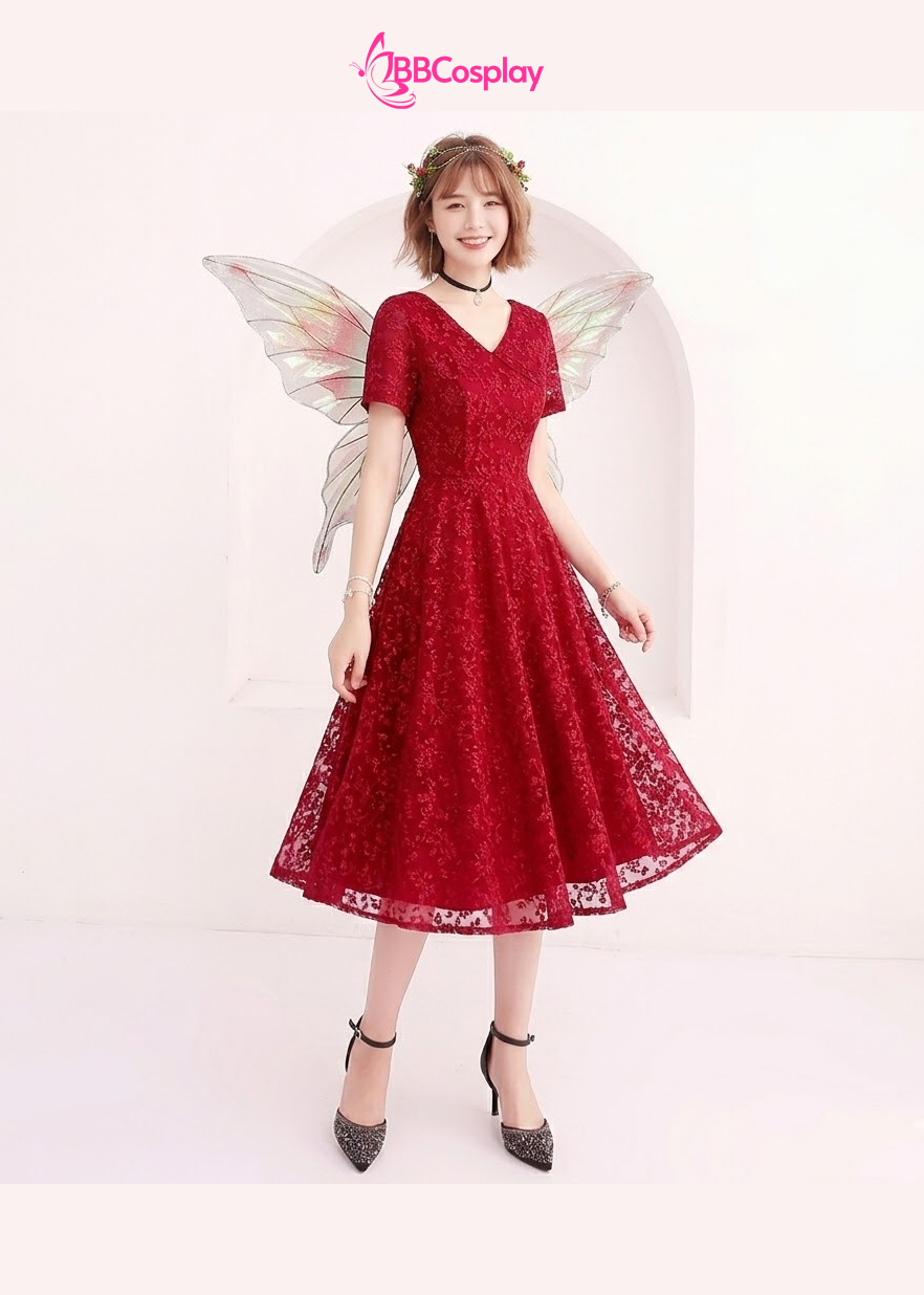 Đầm Dạ Hội Màu Đỏ Ren Hoa Dây Leo