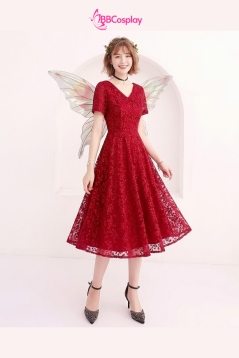 Đầm Dạ Hội Màu Đỏ Ren Hoa Dây Leo