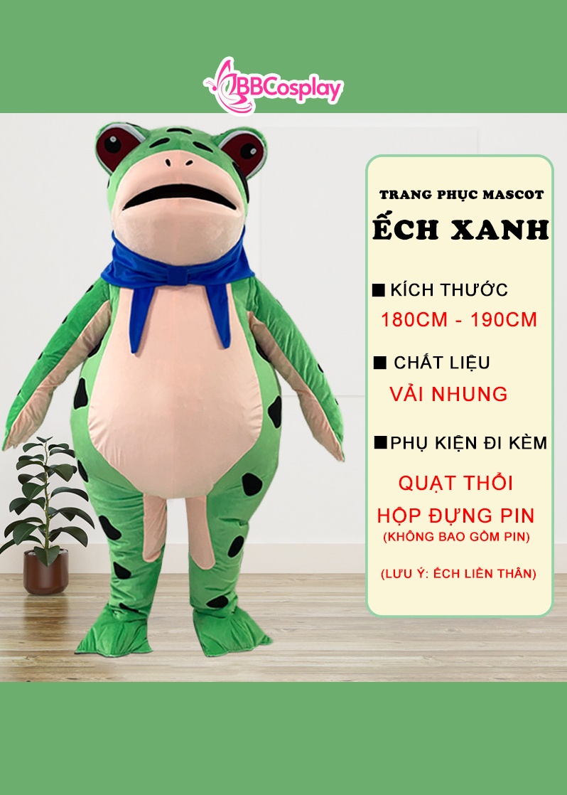 Mascot Ếch Xanh Bơm Hơi Liền Thân - Vải Nhung