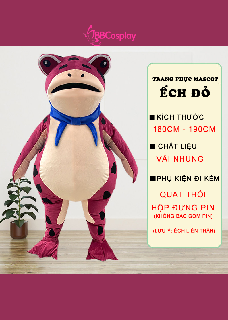 Mascot Ếch Đỏ Bơm Hơi Liền Thân - Vải Nhung