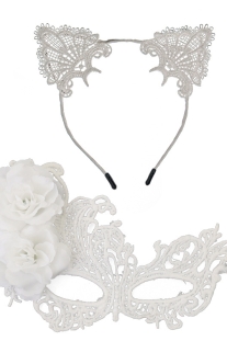 Mặt Nạ Nửa Mặt Ren Kèm Tai Mèo - Màu Trắng