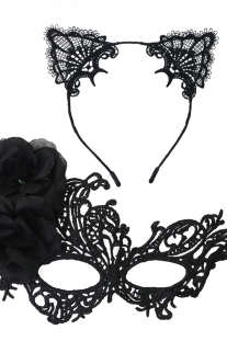 Mặt Nạ Nửa Mặt Ren Kèm Tai Mèo - Màu Đen