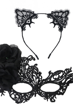 Mặt Nạ Nửa Mặt Ren Kèm Tai Mèo - Màu Đen