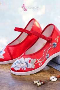 Giày Đỏ Thêu Hoa Đế Cao 6Cm Quai Cài Ngang