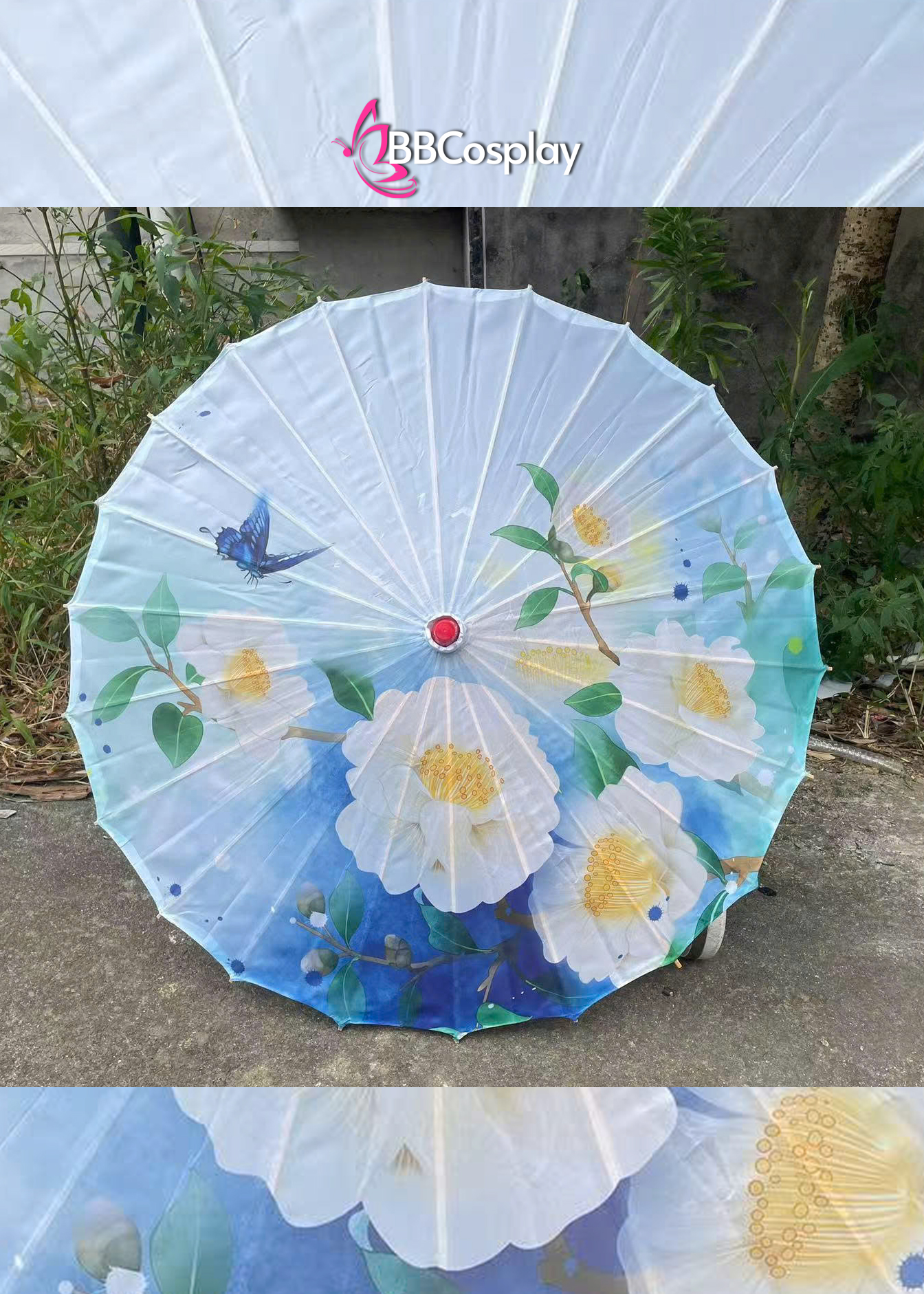 Dù Vải Cổ Trang Xanh Dương Hoa Mẫu Đơn Trắng