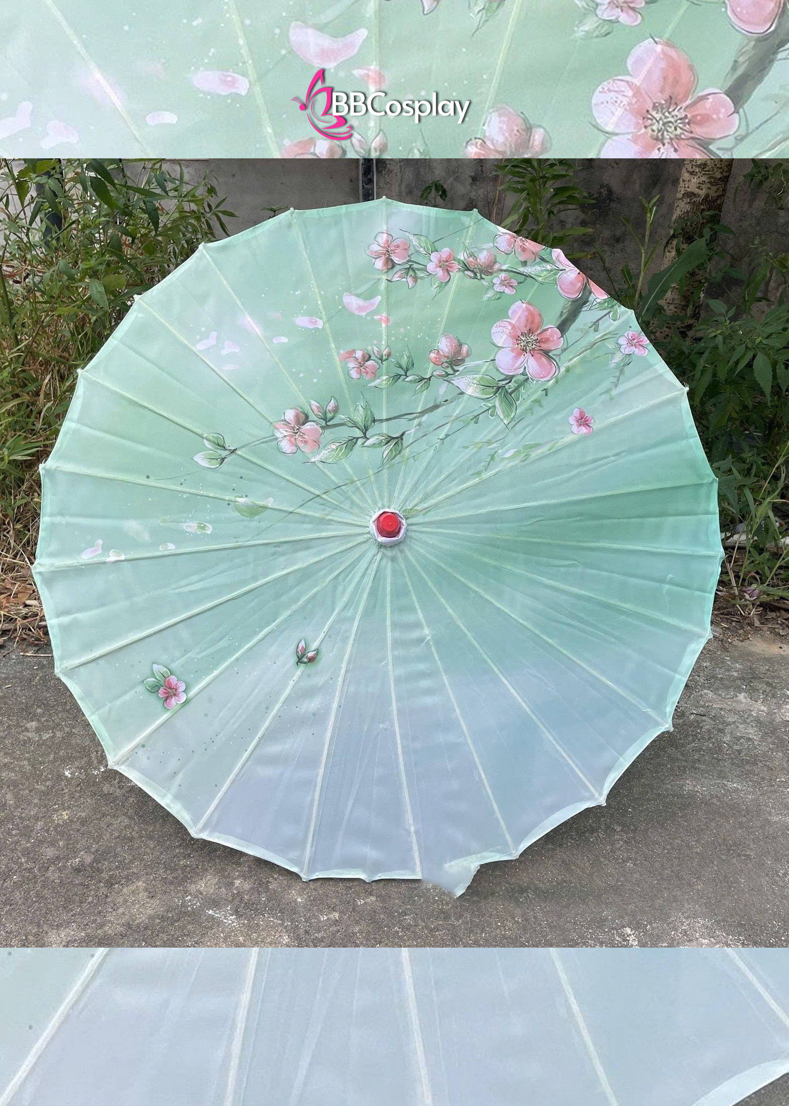 Dù Vải Cổ Trang Xanh Lá Hoạ Tiết Cành Đào