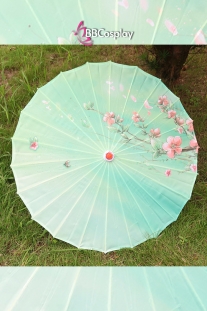 Dù Vải Cổ Trang Xanh Lá Hoạ Tiết Cành Đào