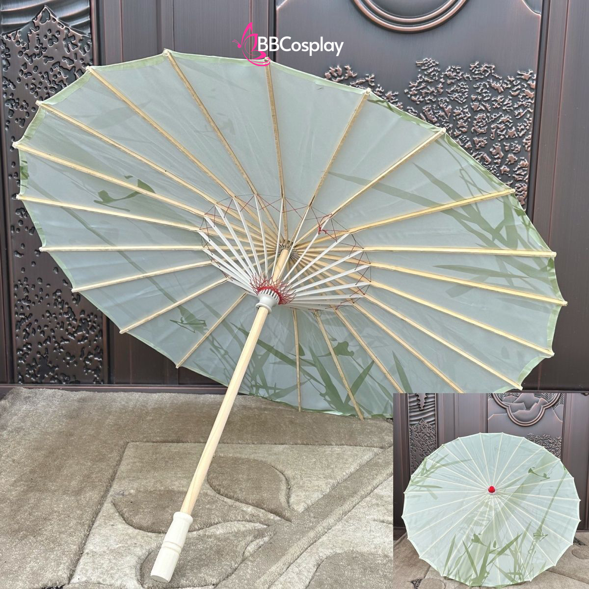 Dù Vải Cổ Trang Xanh Lá Hoạ Tiết Thân Tre