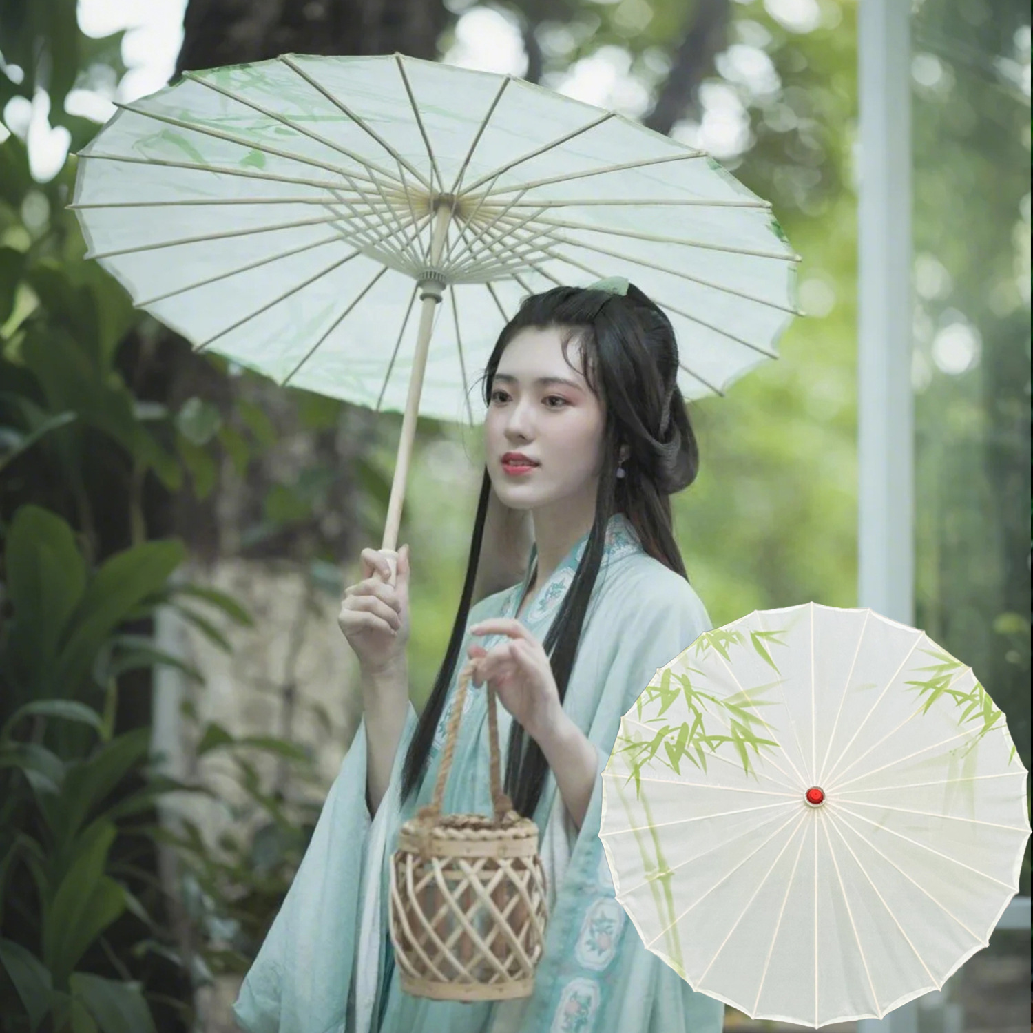 Dù Vải Cổ Trang Xanh Lá Hoạ Tiết Thân Tre