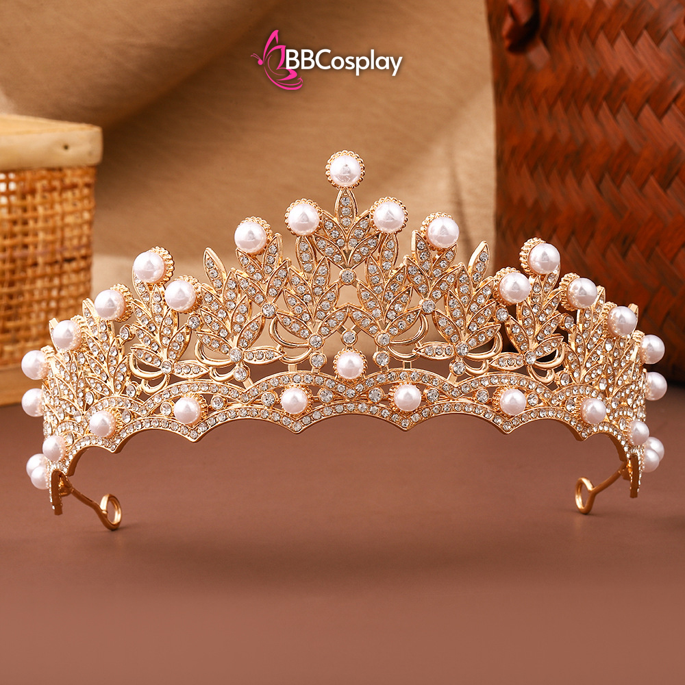Vương Miện Tiara Hoạ Tiết Lá Và Ngọc Trai