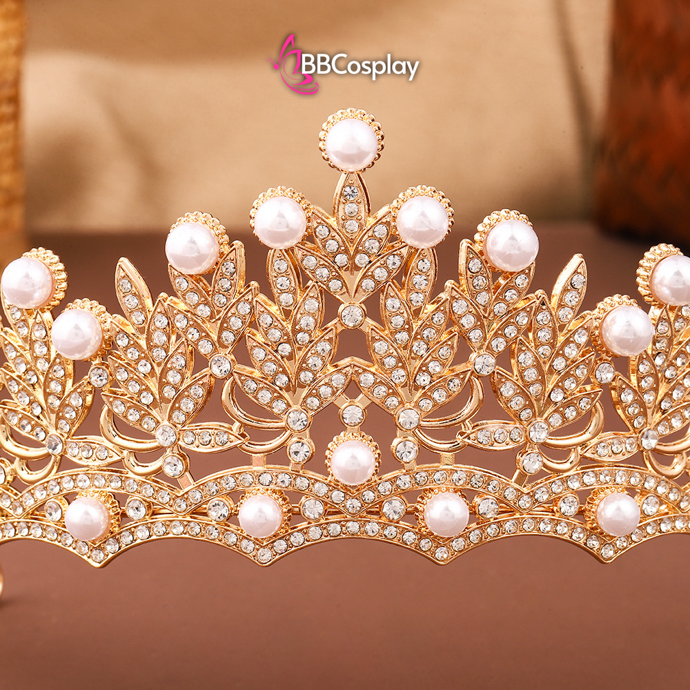 Vương Miện Tiara Hoạ Tiết Lá Và Ngọc Trai