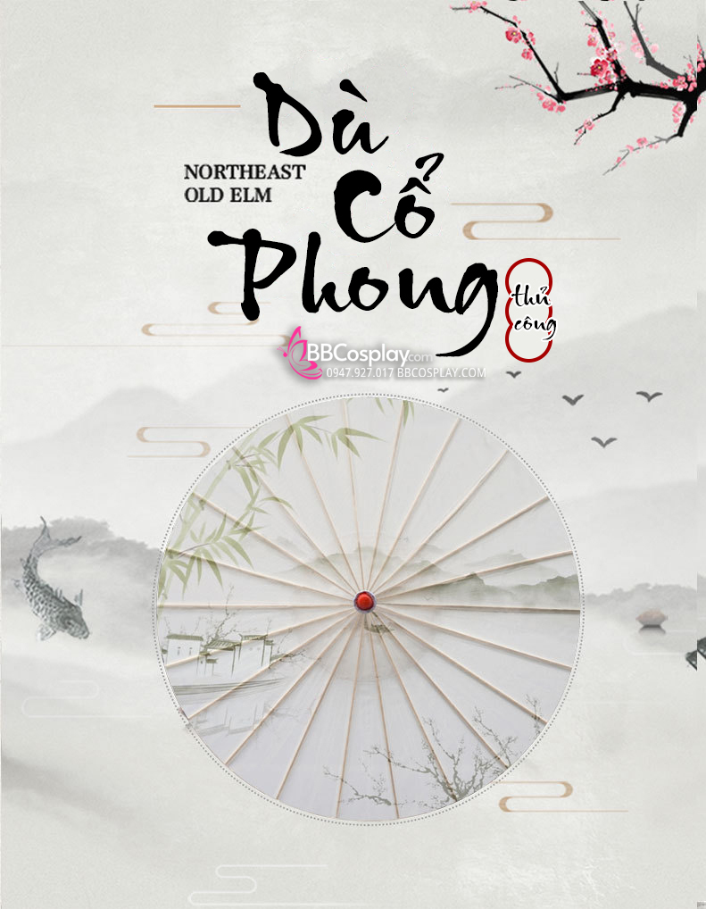 Dù Vải Cổ Phong Cành Liễu Và Đôi Yến Trắng
