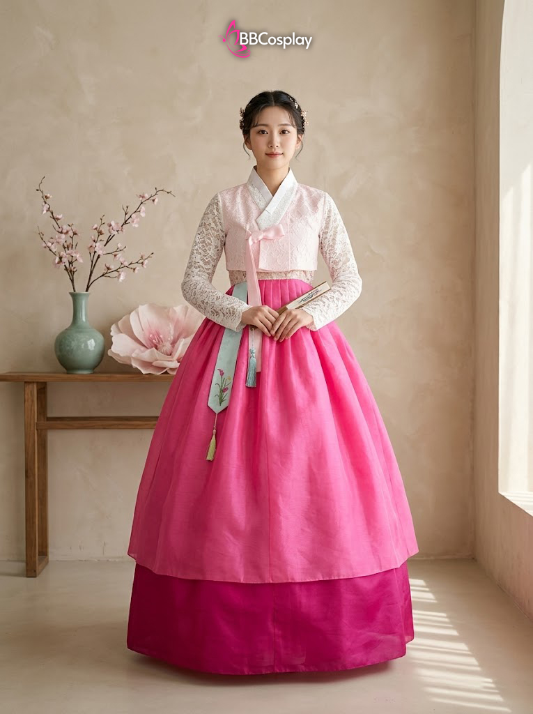 Hanbok Hàn Quốc Áo Hồng Váy Hồng 2 Tầng