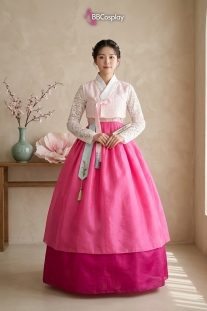 Hanbok Hàn Quốc Áo Hồng Váy Hồng 2 Tầng