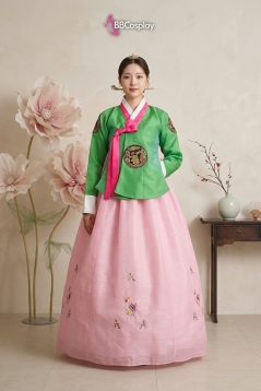 Hanbok HQ Cổ Trang Đẹp Áo Xanh Lá Váy Hồng Thêu Hoa