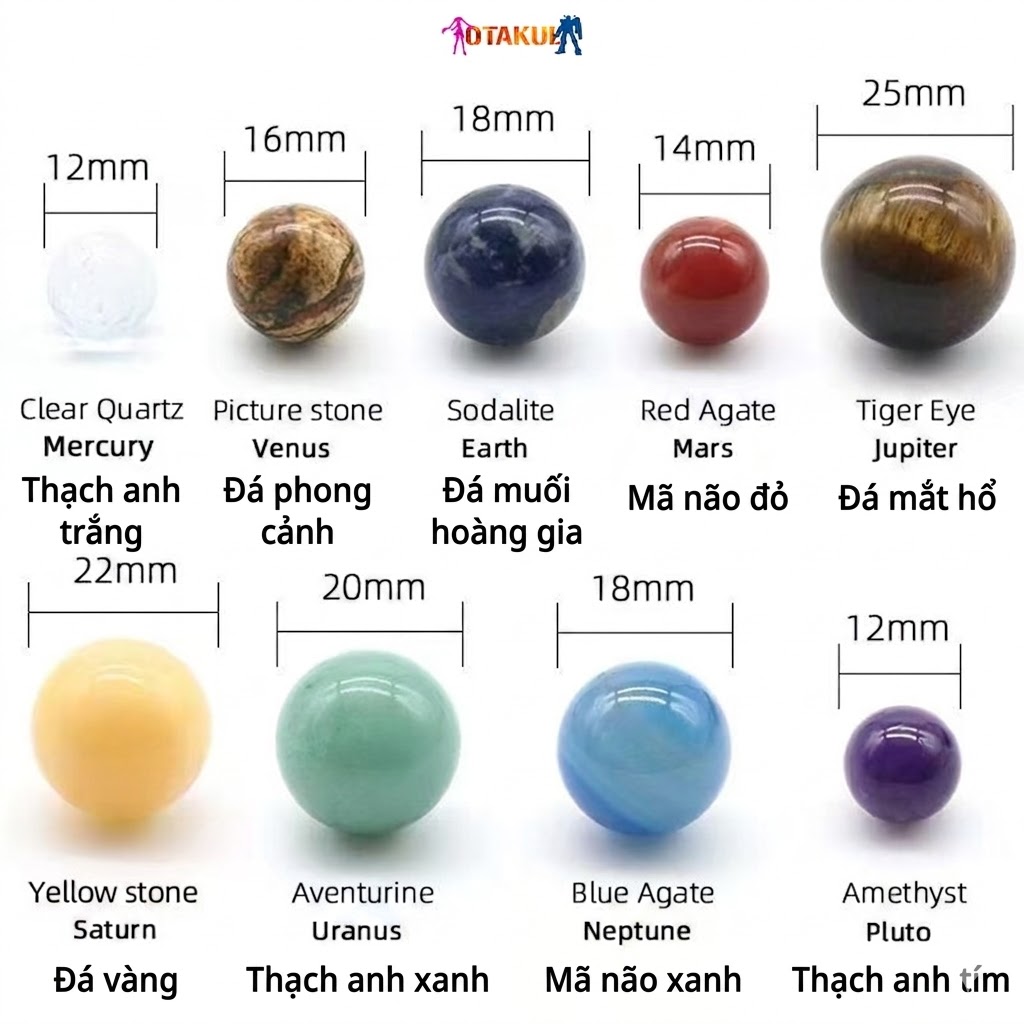 Hộp Đá 9 Hành Tinh Hệ Mặt Trời OTAKUL - Bộ Sưu Tập Tinh Thể Thô 7 Luân Xa Và Khoáng Vật Thiên Nhiên Độc Đáo