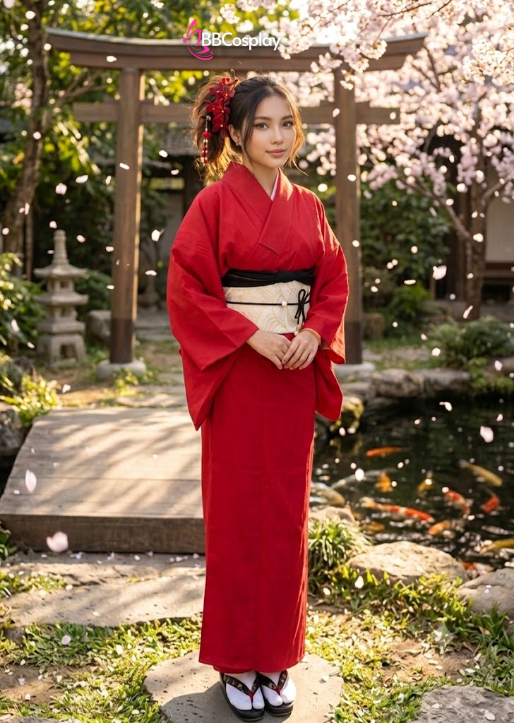 Trang Phục Yukata Đỏ Trơn - Mẫu Chuẩn Nhật (HÀNG SHOP MAY)