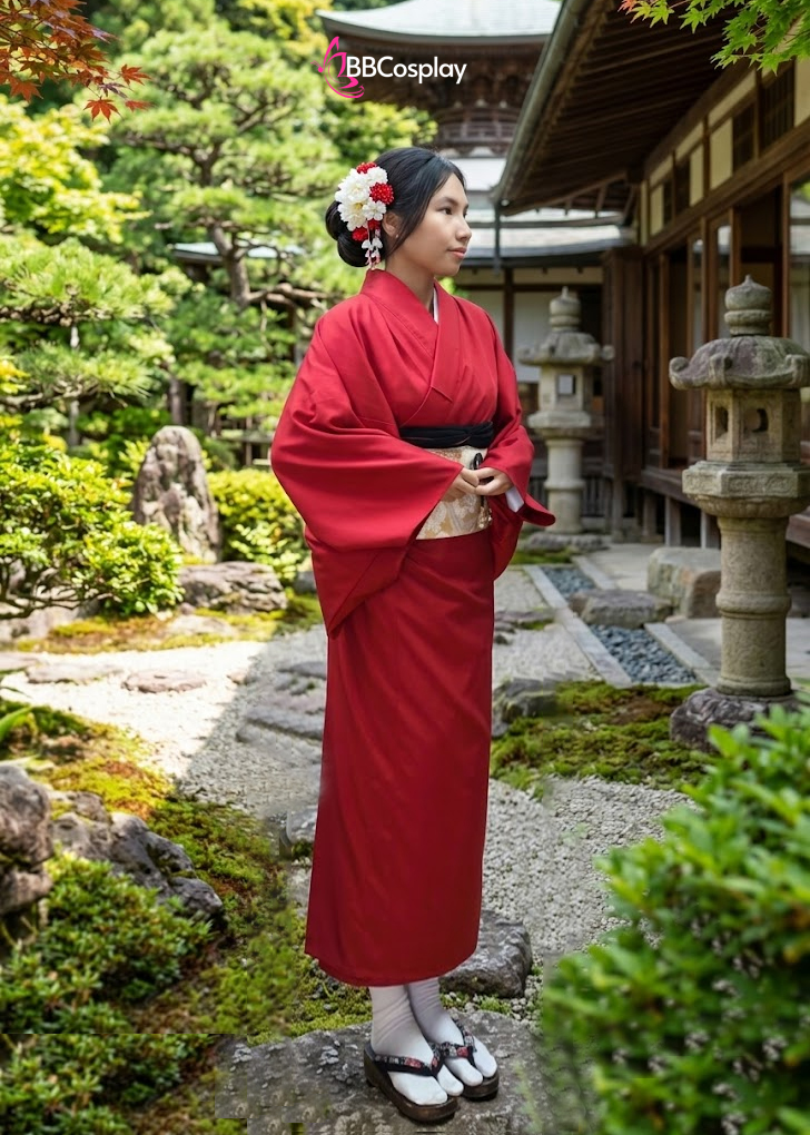 Trang Phục Yukata Đỏ Trơn - Mẫu Chuẩn Nhật (HÀNG SHOP MAY)