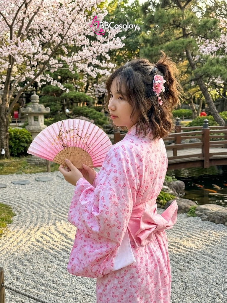 Trang Phục Yukata Nhật Bản Hoạ Tiết Cánh Hoa Anh Đào Nhỏ