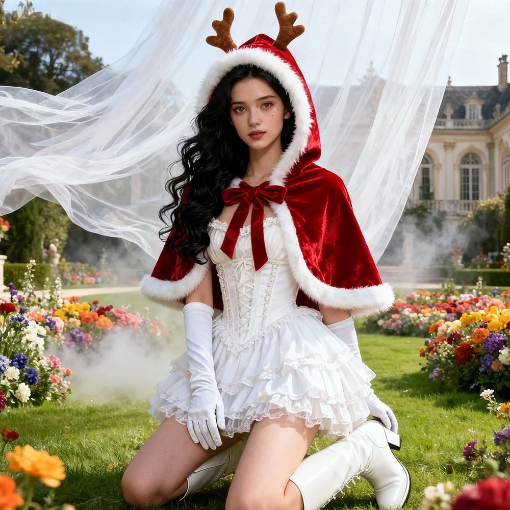 Choàng Đỏ Noel Viền Lông Có Nón Có Sừng Tuần Lộc