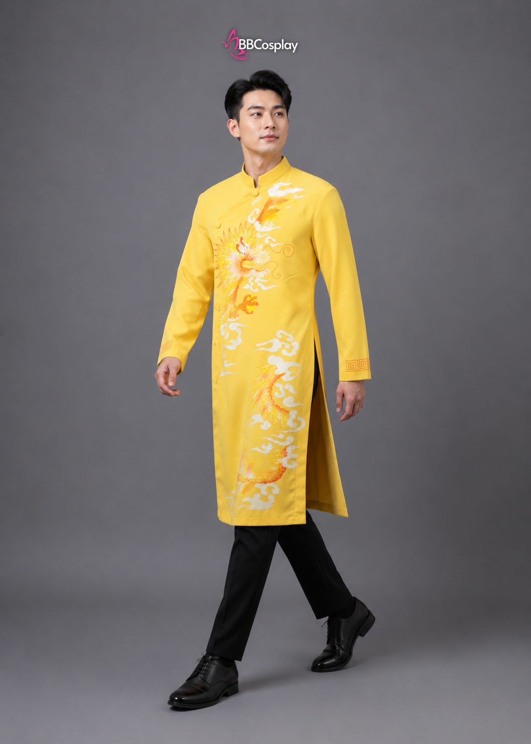 Áo Dài Nam Cách Tân Vàng Vẽ Tay Rồng