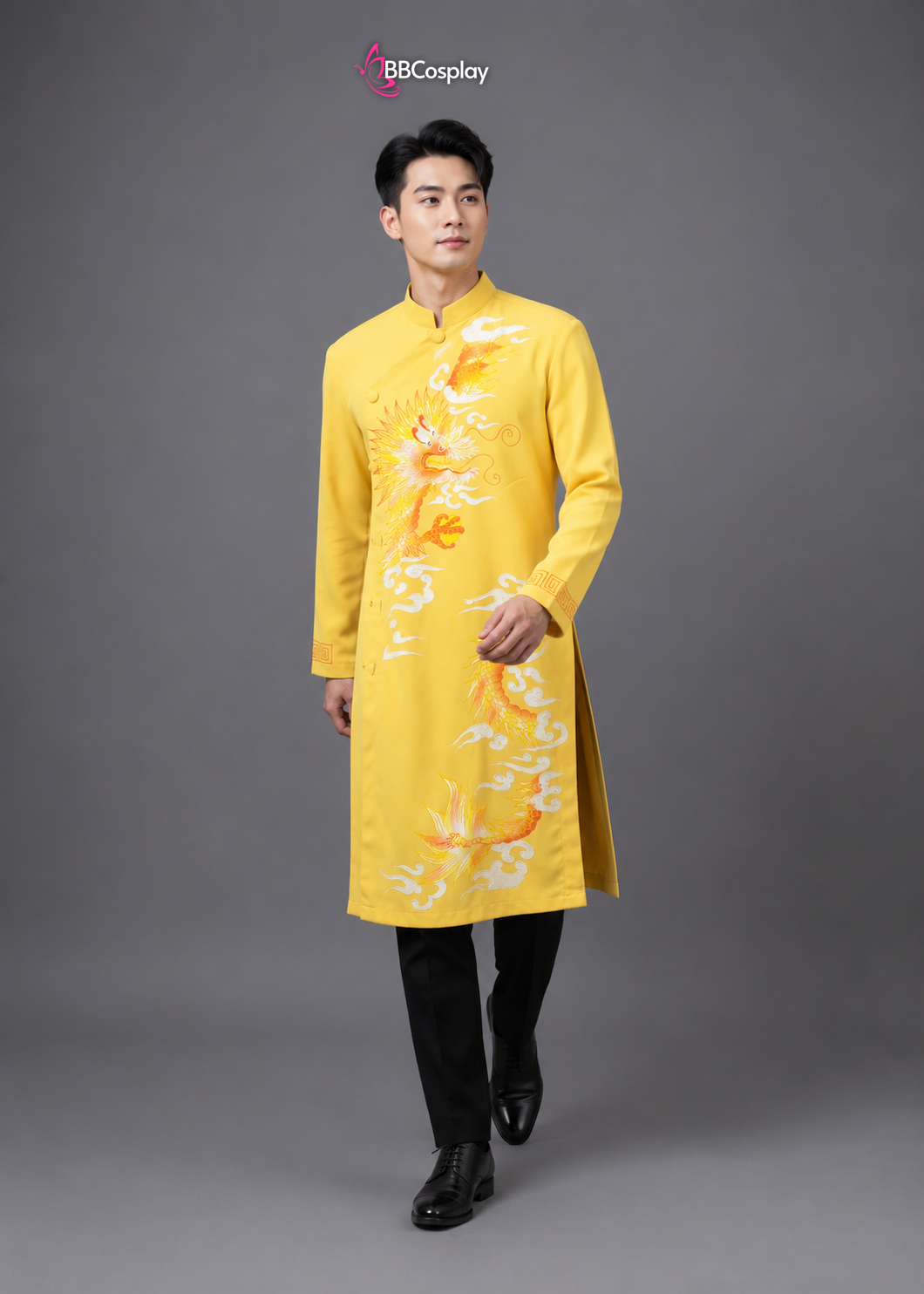 Áo Dài Nam Cách Tân Vàng Vẽ Tay Rồng