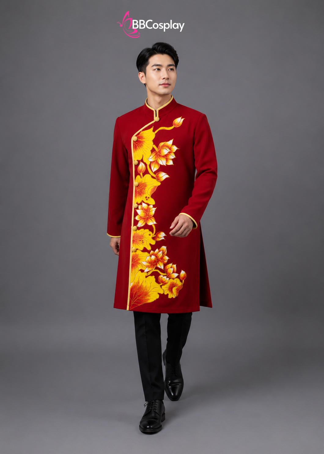 Áo Dài Nam Cách Tân Đỏ Vẽ Tay Hoa Sen