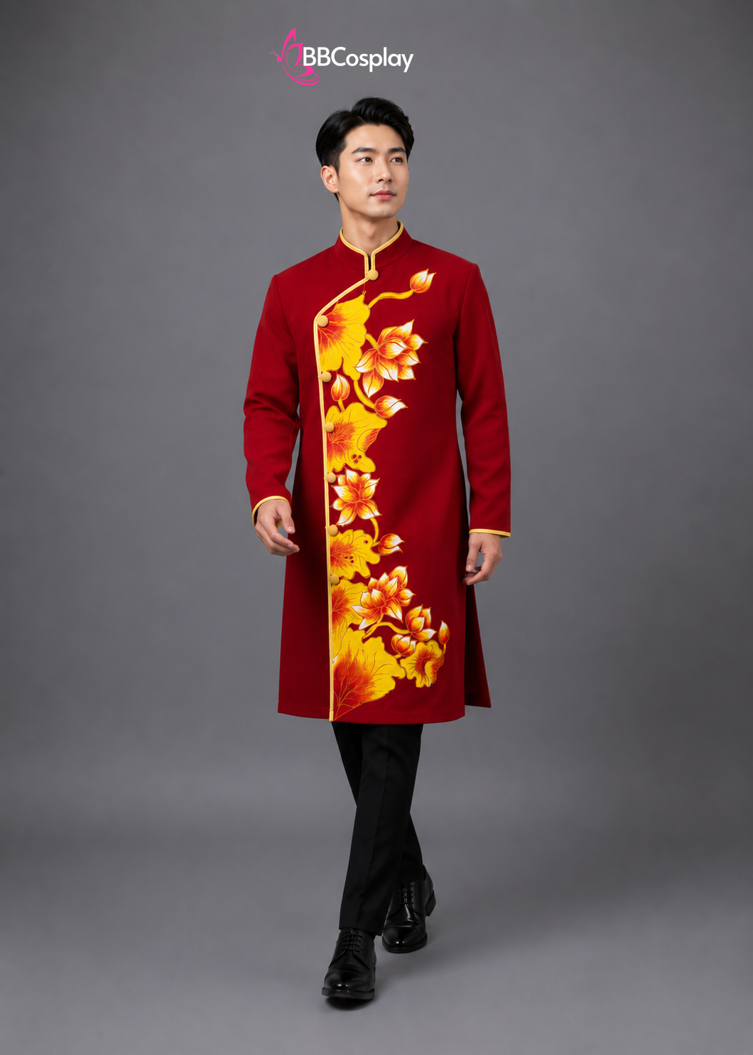 Áo Dài Nam Cách Tân Đỏ Vẽ Tay Hoa Sen
